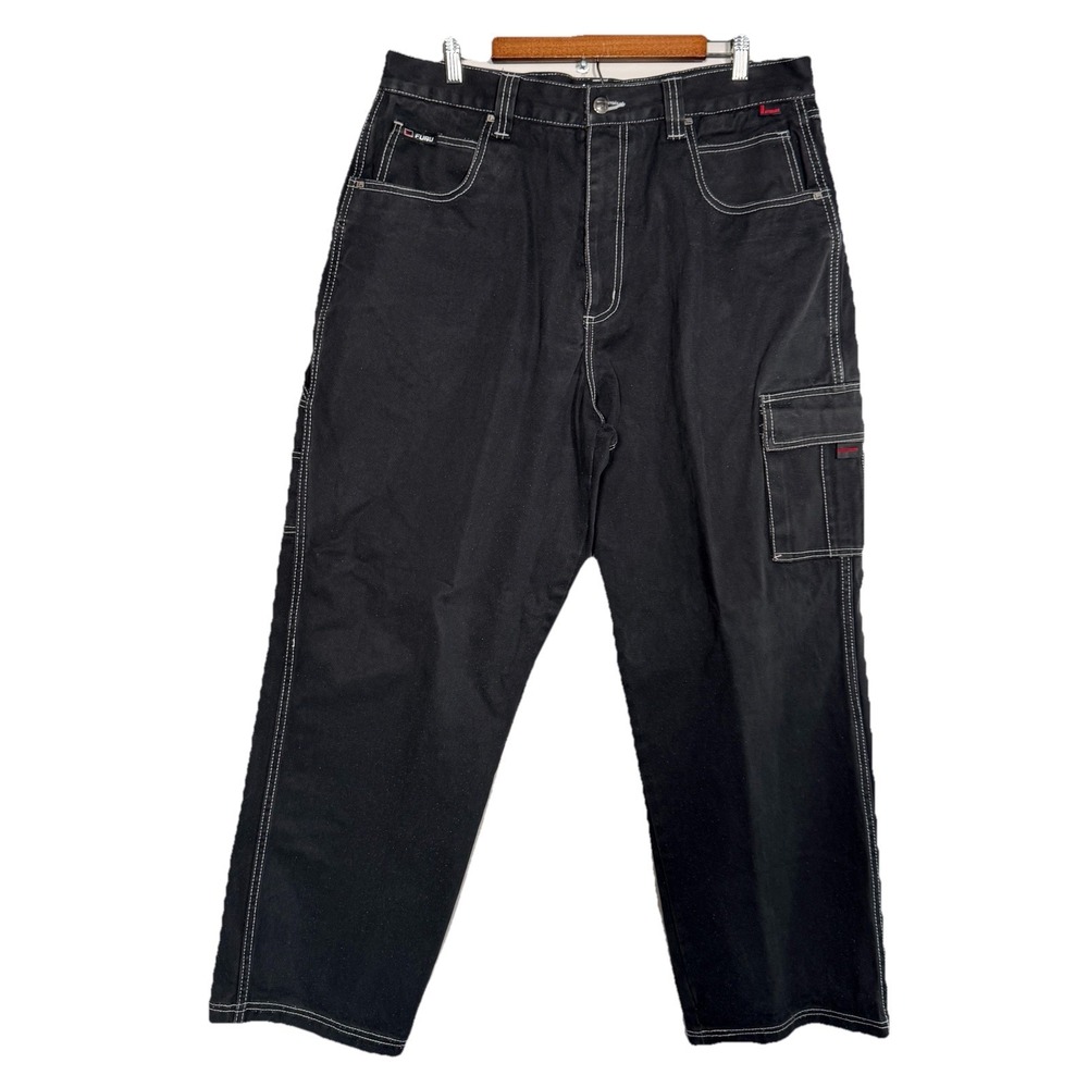 Vintage FUBU Collection Black Cargo Carpenter Jeans 36x32 Heavyweight Denim